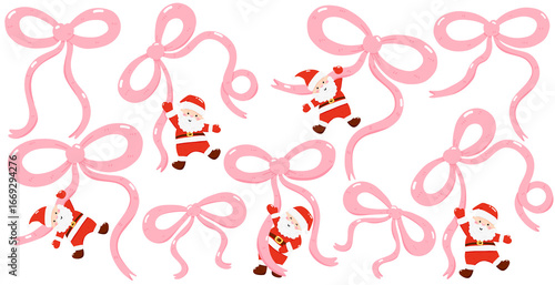 Cute Santa Claus Hanging from Pink Bow – Festive Hand-Drawn Clipart for Christmas and Holiday Designs