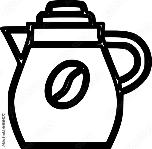 Simple outline drawing of a coffee pot or carafe with a coffee bean logo.