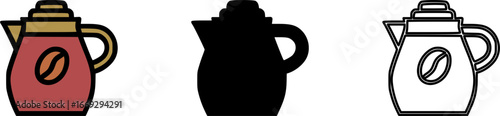 Vector set of coffee pot icons: colored, silhouette, line art styles.