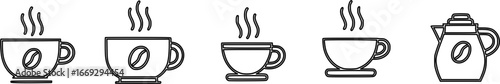 Collection of black and white line art icons featuring hot coffee cups and a pot.