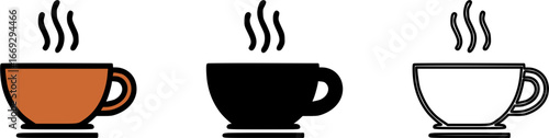 Vector set of three hot coffee cups with steam in different styles.