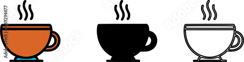Set of three stylized hot coffee cups with steam, in different styles.