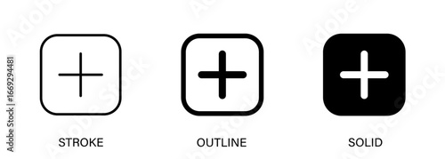 Icons added with editable stroke, outline and solid. Vector icons for ui design, media, posts, add and apps.