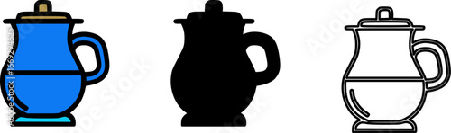 Three styles of a coffee pot or pitcher icon: colored, silhouette, outline.