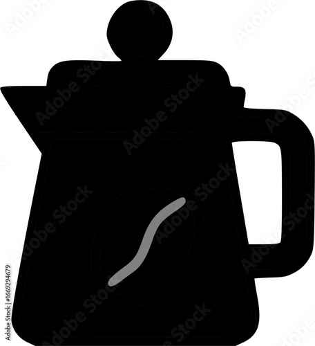 A simple black silhouette icon of a classic coffee pot or kettle with a lid, handle, and spout.