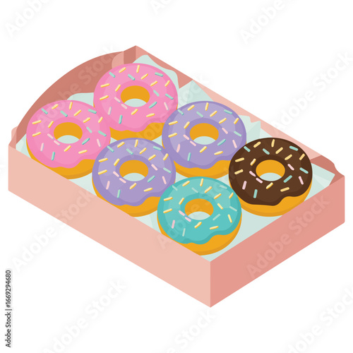 Open pink box with donuts isolated vector illustration on white background