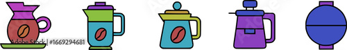 Stylized vector icons of various coffee brewing equipment in vibrant colors.