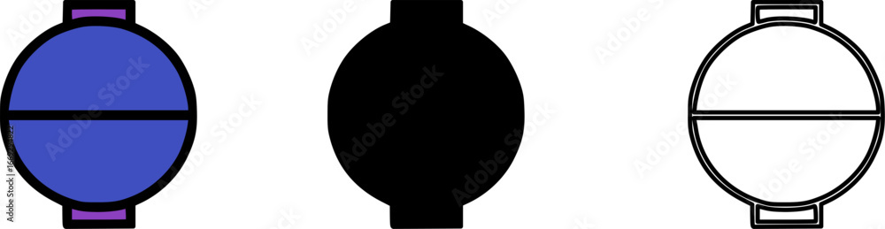 Fototapeta premium Vector icon set of a stylized capsule bomb in color, silhouette, and outline.