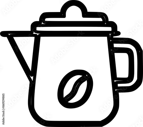 Hand-drawn style coffee pot with a coffee bean symbol, black outline.