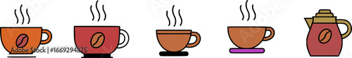 A collection of steaming coffee cups and a pot with coffee bean icons.