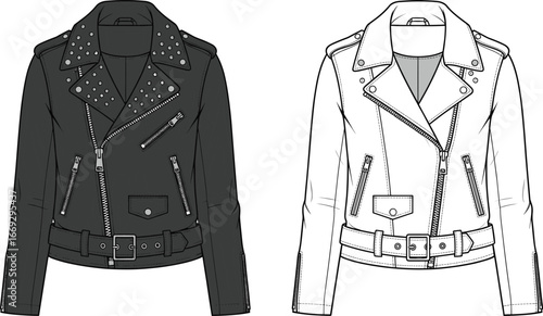 Black biker leather jacket, fashion flat sketch, technical garment drawing, zipper detail, belted waist, cad illustration, apparel vector template