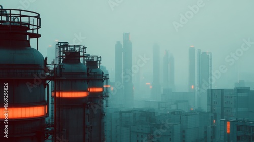 Futuristic Metropolis with Massive Structures and Air Purification Technology in Fog