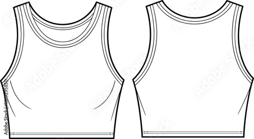 Technical flat sketch of women’s cropped tank top front and back view with round neckline, sleeveless design, fashion apparel template illustration.