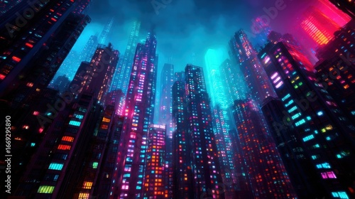 Futuristic Cityscape with Towering Structures and Neon Lights in a Sci-Fi Setting