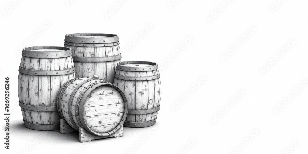 Obraz premium A Collection of Wooden Barrels, Rendered in Monochromatic Detail, Showcases Traditional Cask Design Elements