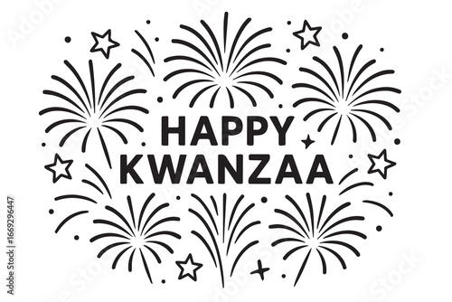 Elegant black and white vector composition for Happy Kwanzaa, showing outlined kinara candles and African motifs, emphasizing heritage, togetherness, and cultural celebration.