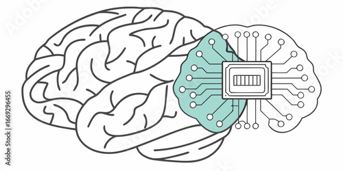 Organic brain merging with transparent digital processor vector illustration