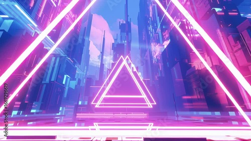 Vibrant neon cityscape with glowing triangular shapes, creating futuristic atmosphere filled with colorful reflections and geometric patterns