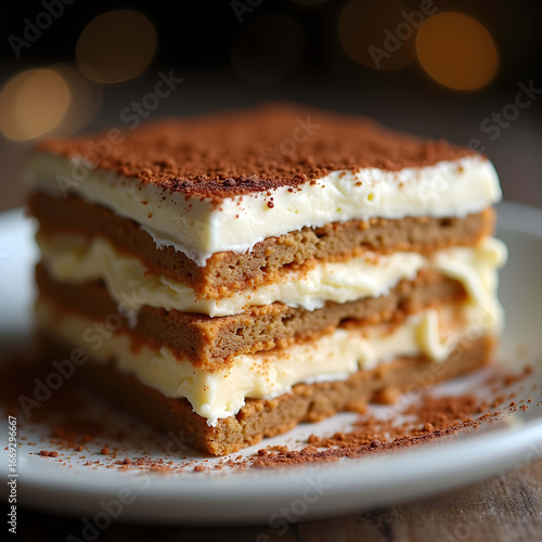Exquisite Tiramisu Dessert: Layered Cake with Cream, Coffee, and Chocolate Indulgence in Gourmet Food Photography