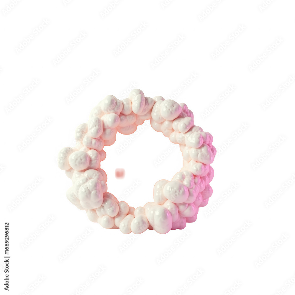 Obraz premium A circular, bubbly design in a light beige color, highlighted with delicate pink accents, creates a dynamic visual effect against a black background.