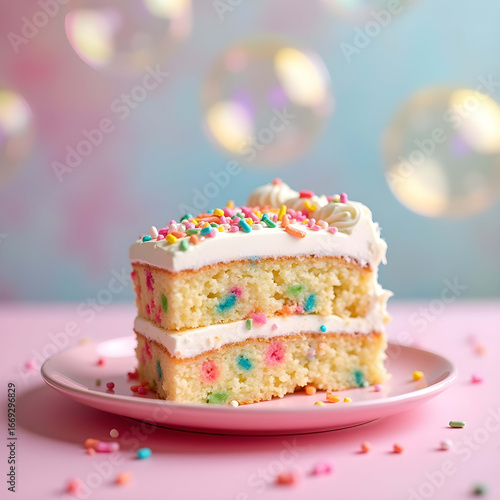 Exquisite Sweet Treat: Festive Layered Cake with Pink Frosting & Sprinkles - Perfect for Celebration and Bakery Dessert Photography