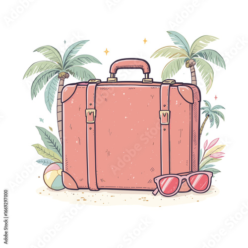 Playful Handdrawn Suitcase Illustration with Palm Trees and Sunglasses on Beach