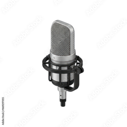 A silver condenser microphone with a black shock mount is shown against a white background.