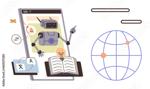 Robot teaching with book, translation symbols, language tools, and global network. Ideal for education, AI innovation, globalization, communication technology e-learning sustainability. Simple