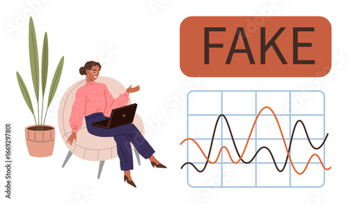 Woman seated with a laptop gesturing near a FAKE label and a graph. Ideal for misinformation, fake news, data manipulation, communication, analysis, education, critical thinking, simple flat metaphor