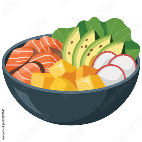 Vegetable and salmon poke bowl healthy food vector illustration on white background