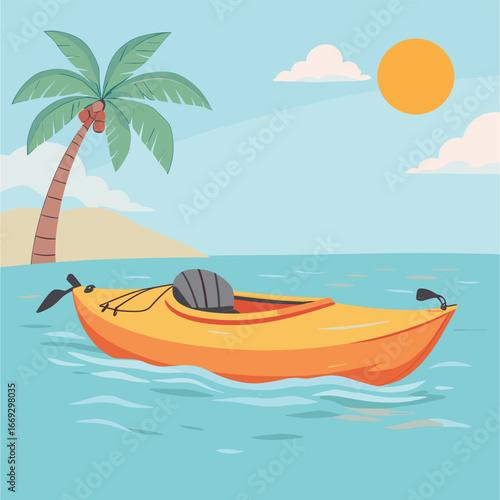 Colorful Flat Illustration Yellow Kayak Adventure on the Beach Tropical Scenery