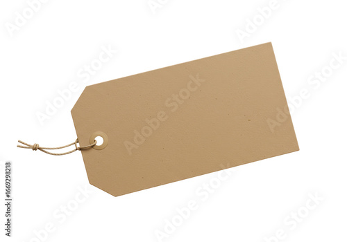 Isolated blank kraft paper tag, a rectangular price tag with a reinforced hole and natural jute twine