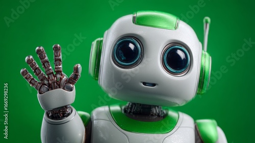Friendly Robot: A charming robot with a cheerful expression, robotic arm extended in a wave against a vivid green backdrop, embodies the future of innovation and technological advancements.