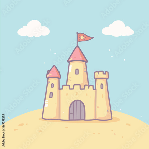 Cute Pastel Handdrawn Sandcastle on Hill with Flag Summer Illustration