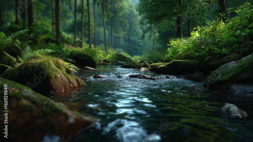 Emerald Embrace: A tranquil river flows through a lush, dense forest, its waters reflecting the verdant canopy above in a serene and natural scene.