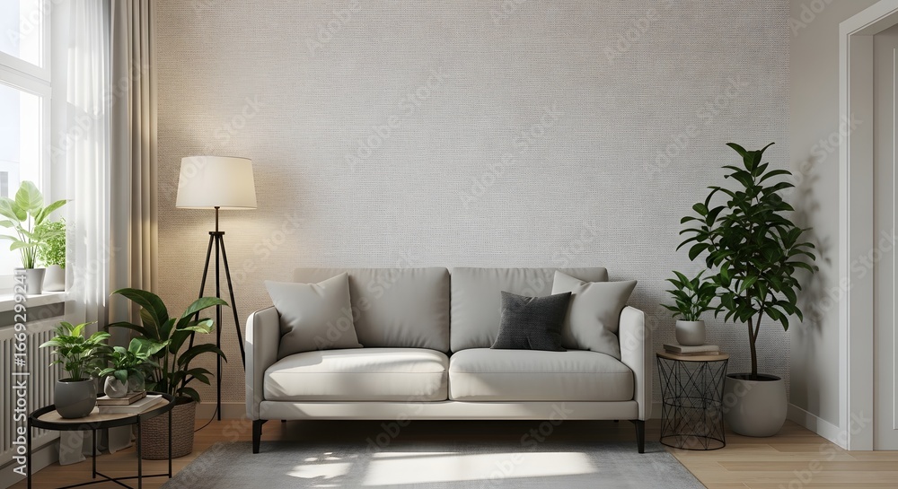 Fototapeta premium Elegant living room design featuring comfortable sofa and stylish indoor plants decor idea
