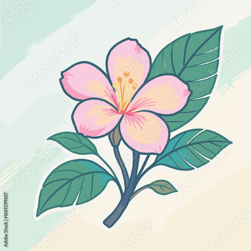Artistic Handdrawn Pink Blossom Flower with Green Leaves Botanical Illustration