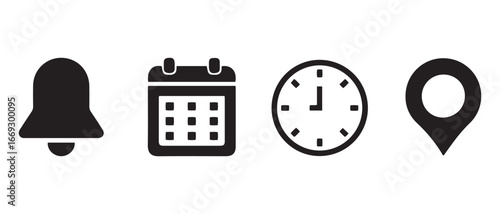 Notification bell, calendar, clock, and location pin isolated on white background.