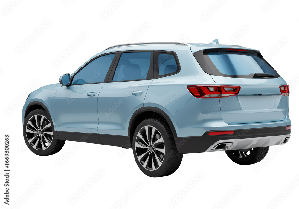 Obraz premium Isolated light blue SUV, back three quarter view of clean design automobile with tinted windows