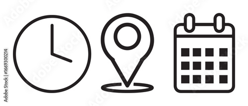 Time, location and calendar icons isolated on white background in black outline.