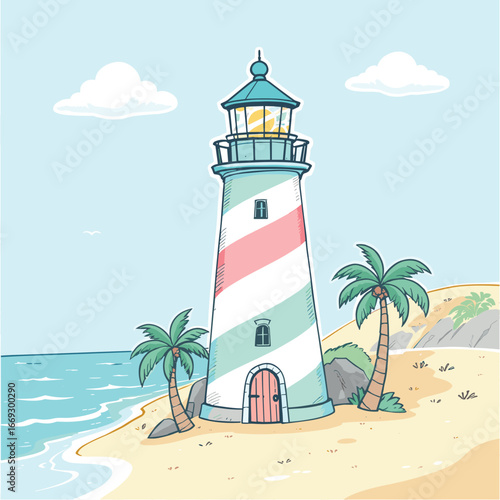 Cute Handdrawn Lighthouse Illustration with Palm Trees on Beach Landscape