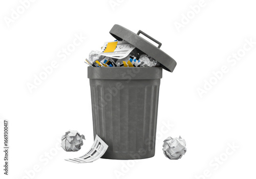 Fotografija Isolated gray trash can overflowing with crumpled paper, discarded documents and lid up