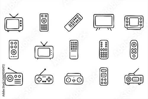 Television and Remote Control Icons Vector Set for Media Design