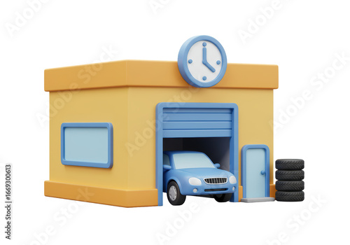 Isolated cartoon 3D illustration of blue car inside auto repair garage shop render