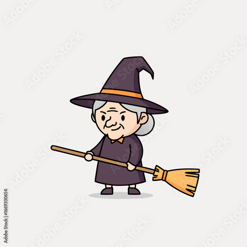 Cute cartoon witch character holding broom for Halloween designs