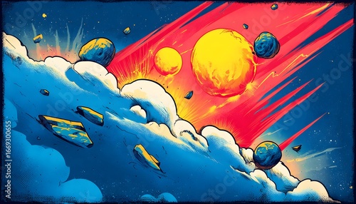 Dynamic Comic Art of Cosmic Explosion with Yellow Sun, Asteroids, and Red Energy Rays in Starry Nebula