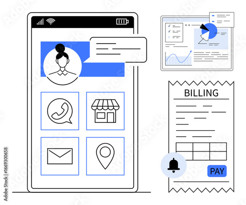 Mobile screen with contact icons, location pin, and notifications. Adjacent are billing receipt and data dashboard. Ideal for e-commerce, business apps, communication, tech, analytics finance