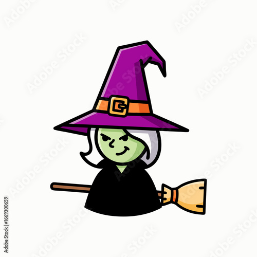 Cartoon Witch Flying on Broomstick Halloween Character Illustration
