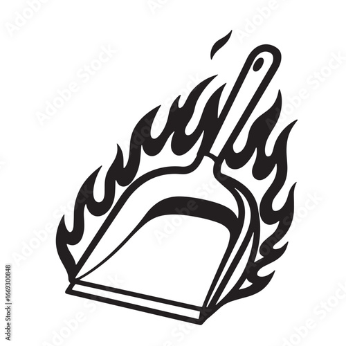 Black and white vector illustration of a burning dustpan with flames around it