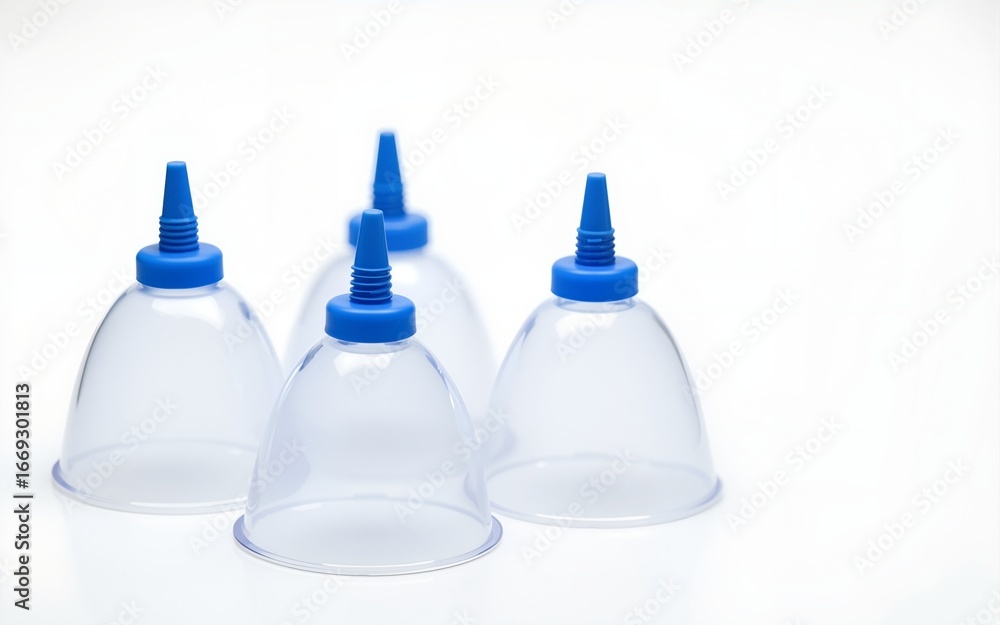 Five transparent cupping therapy cups with blue valves clustered on a white surface—evoking alternative healing, pressure relief, and minimalist wellness design. High quality Five transparent cupping therapy cups with blue valves clustered on a white surface—evoking alternative healing, pressure relief, and minimalist wellness design. High quality